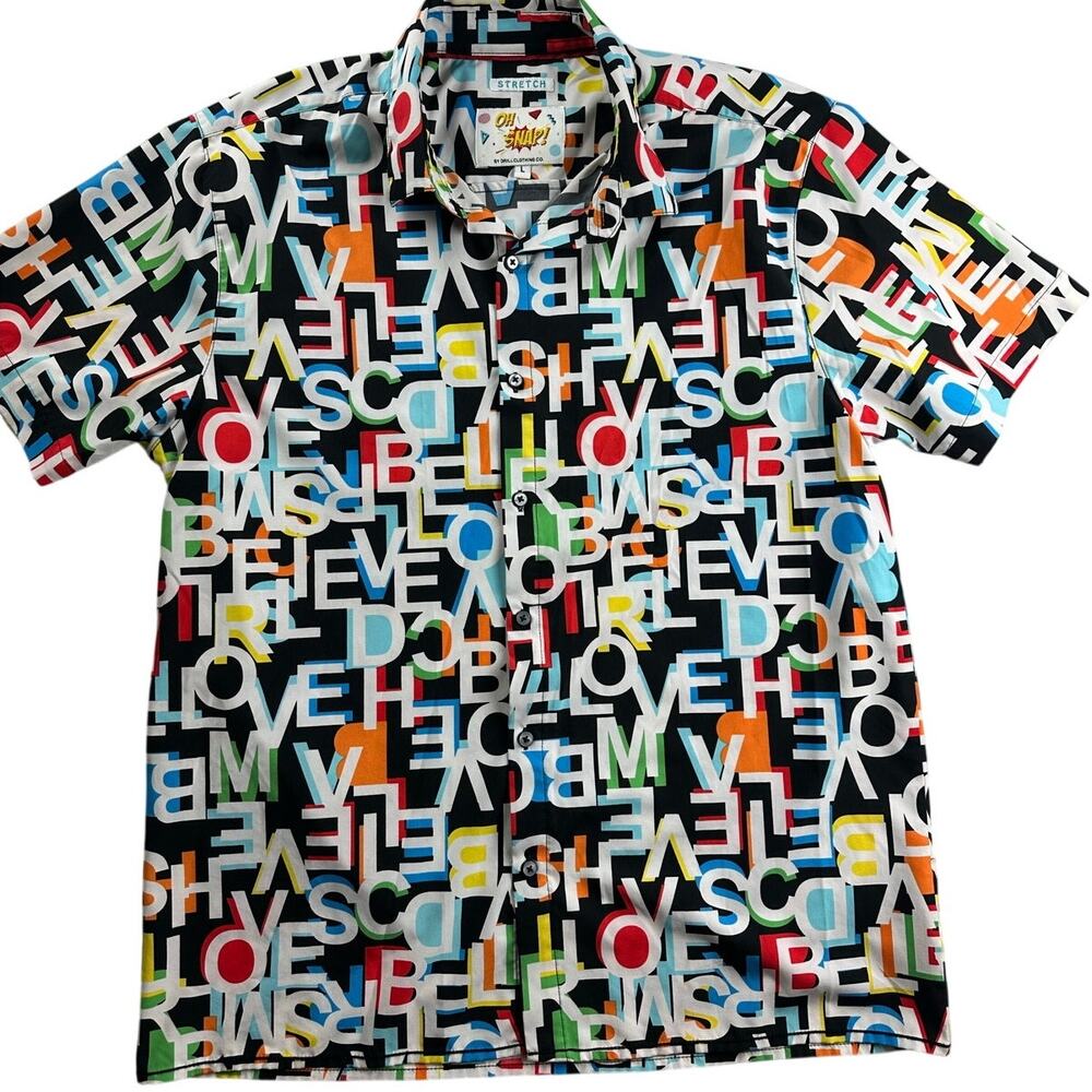 OH SNAP! Letters All Over Short Sleeve Woven Top Shirt Men's L